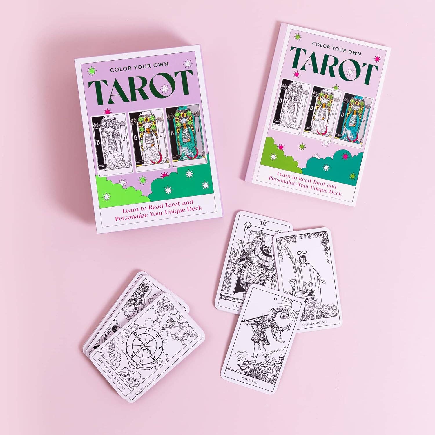 Color your own tarot book with tarot cards on a pink background
