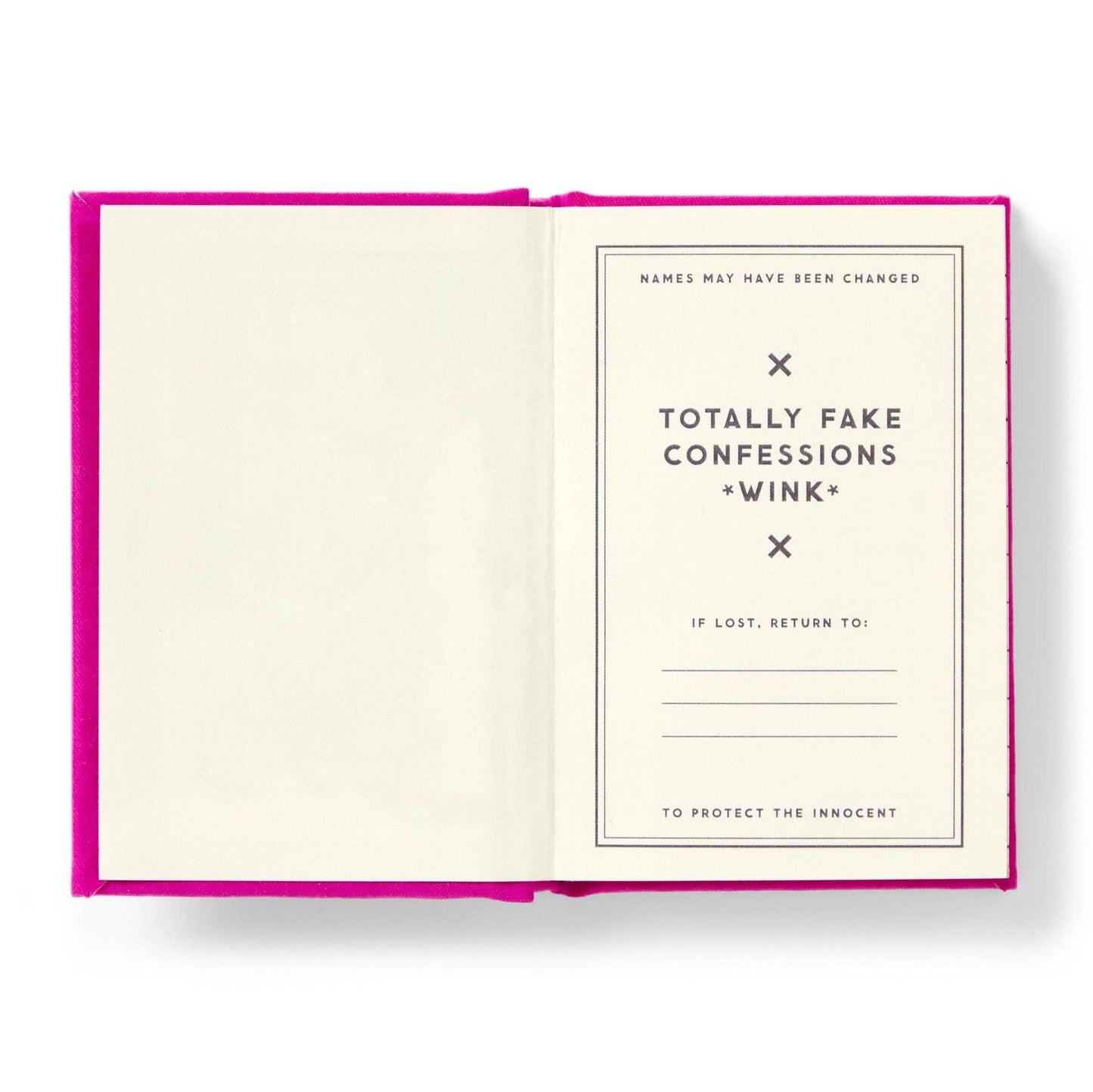 Open book with a pink cover displaying text about 'Totally Fake Confessions' on a white background.