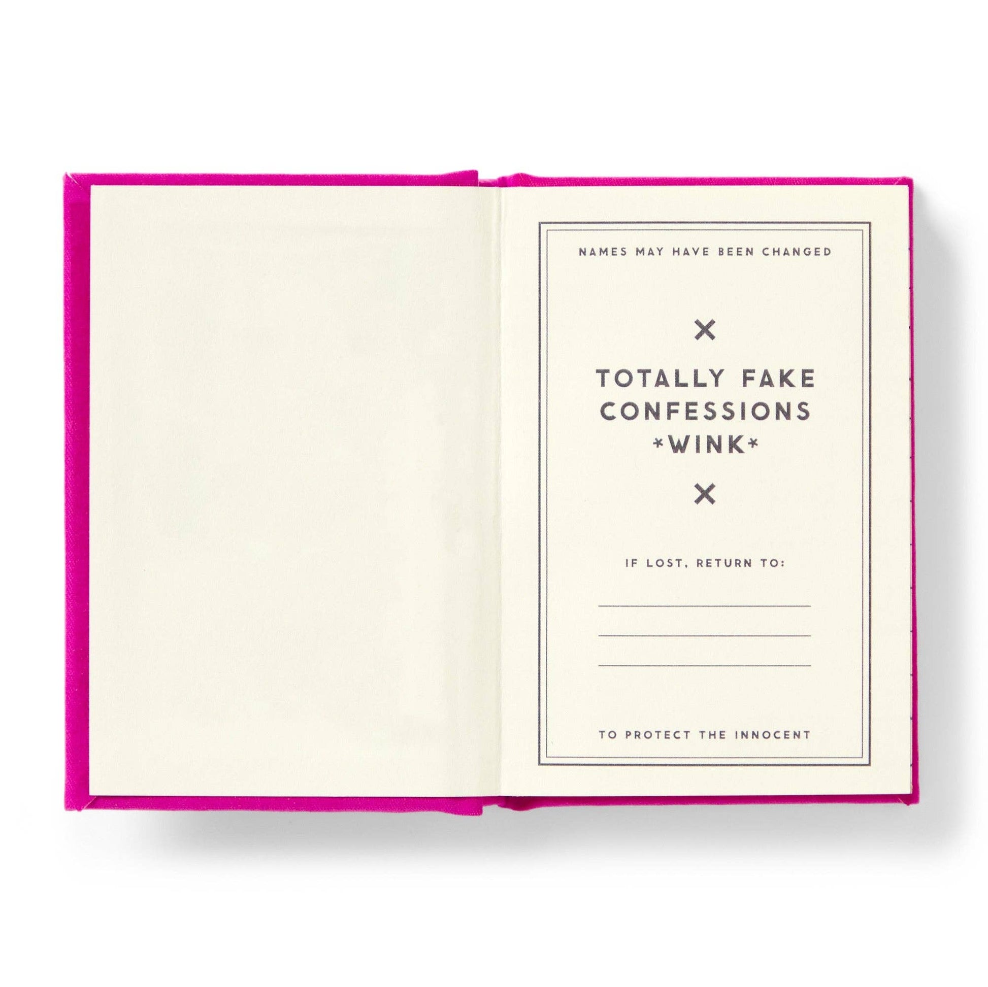 Open book with a pink cover displaying text about 'Totally Fake Confessions' on a white background.