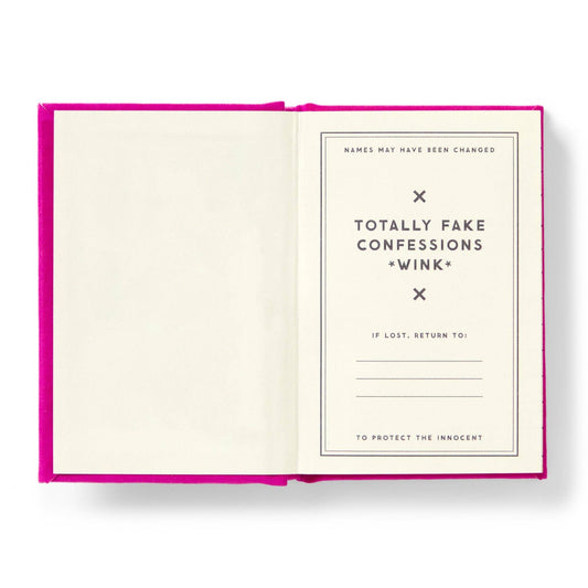 Open book with a pink cover displaying text about 'Totally Fake Confessions' on a white background.