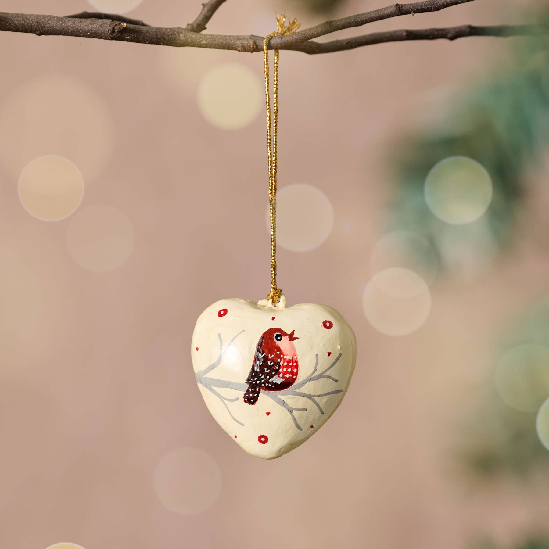 Gayan Lovebird Paper Mâché Ornament – Hand-Painted Cardinal Heart for Holiday Gifting
