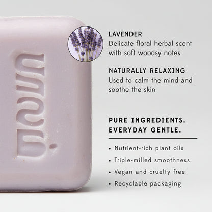 Bar of soap with lavender scent and relaxing properties, displayed on a white background.