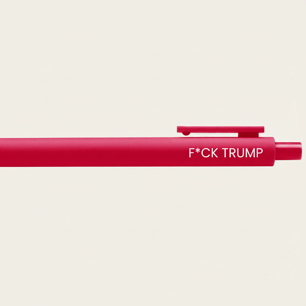 Close-up for the F*UCK TRUMP red pen with black gen ink against a white background