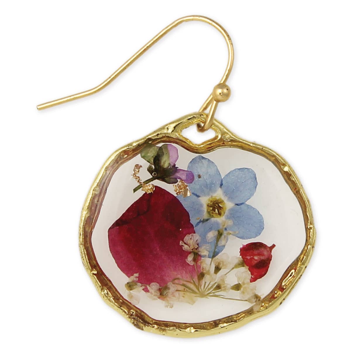 Close-up of pink, red, blue, and purple flowers inside circular resin earrings