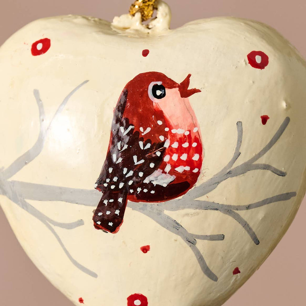 Gayan Lovebird Paper Mâché Ornament – Hand-Painted Cardinal Heart for Holiday Gifting