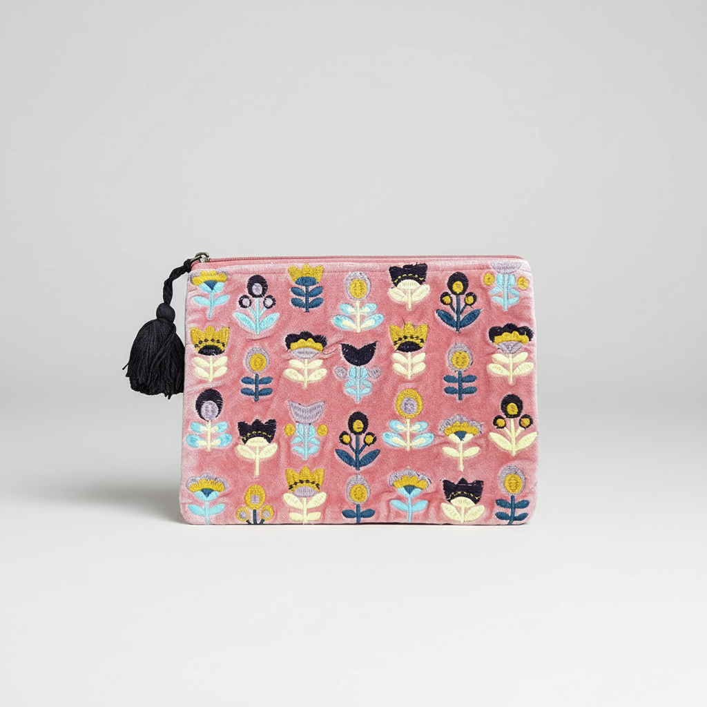 The large Handmade Floral Pouch with Tulips on Pink Embroidered Coin Purse