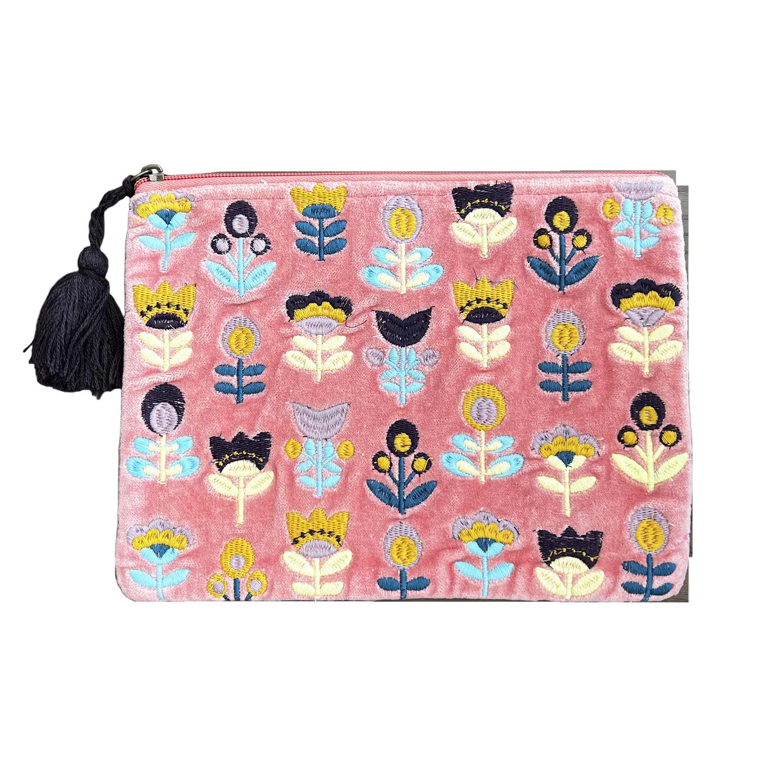 The large Handmade Floral Pouch with Tulips on Pink Embroidered Coin Purse