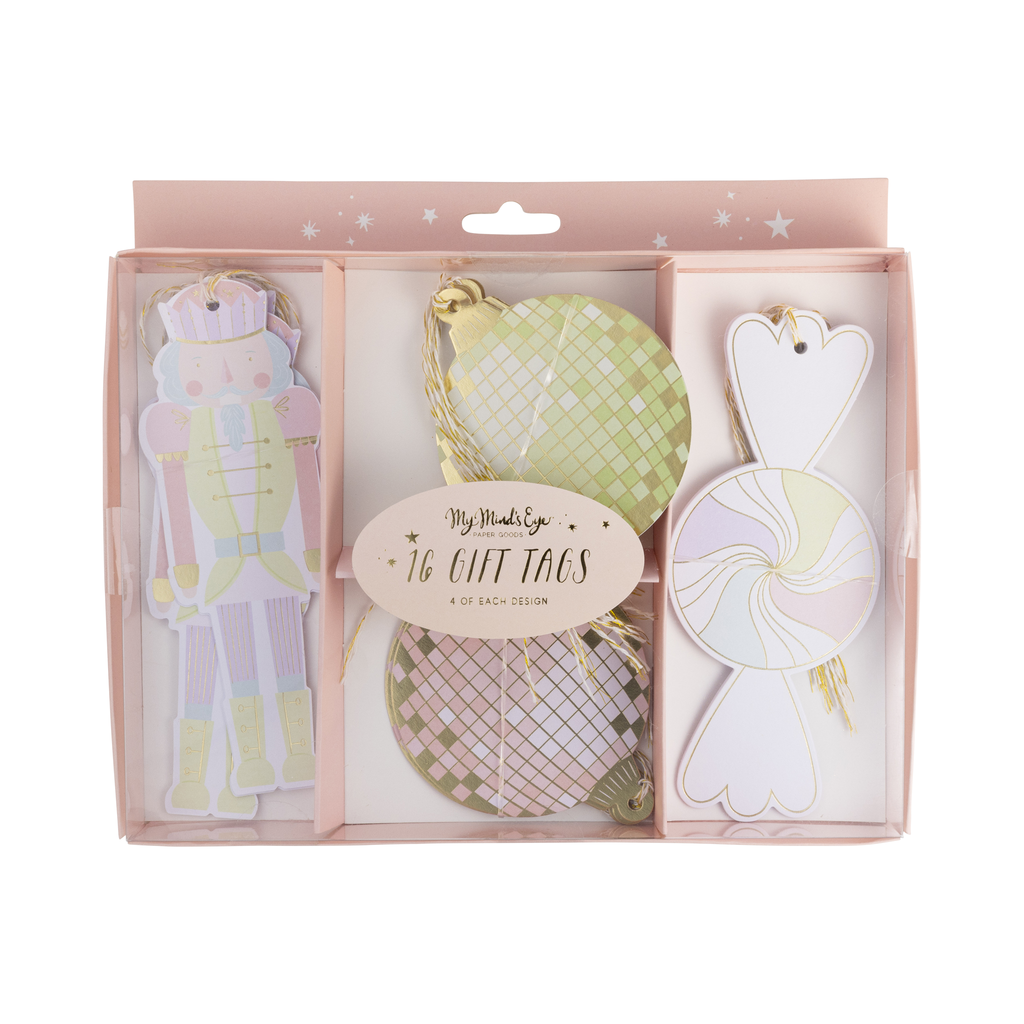 Flat lay showing all four unique tag designs and baker’s twine