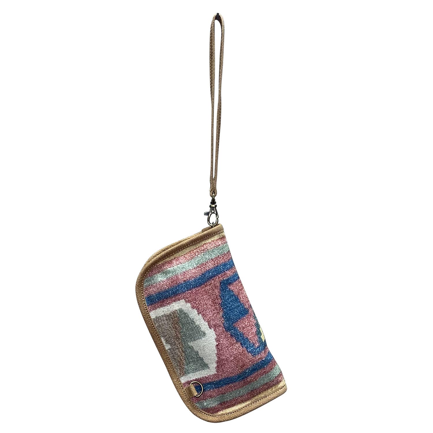 Multicolored patterned pouch with a strap on a white background