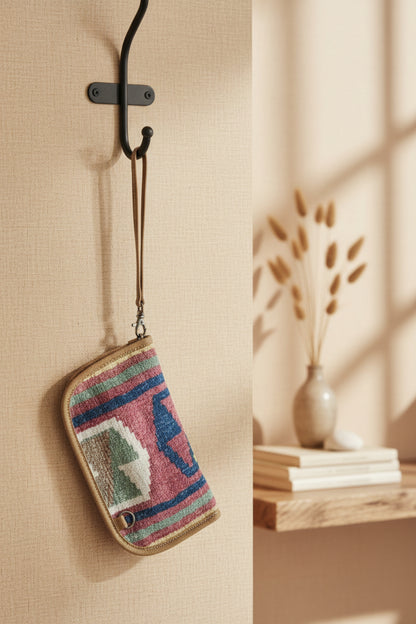 Multicolored patterned pouch with a strap on a white background