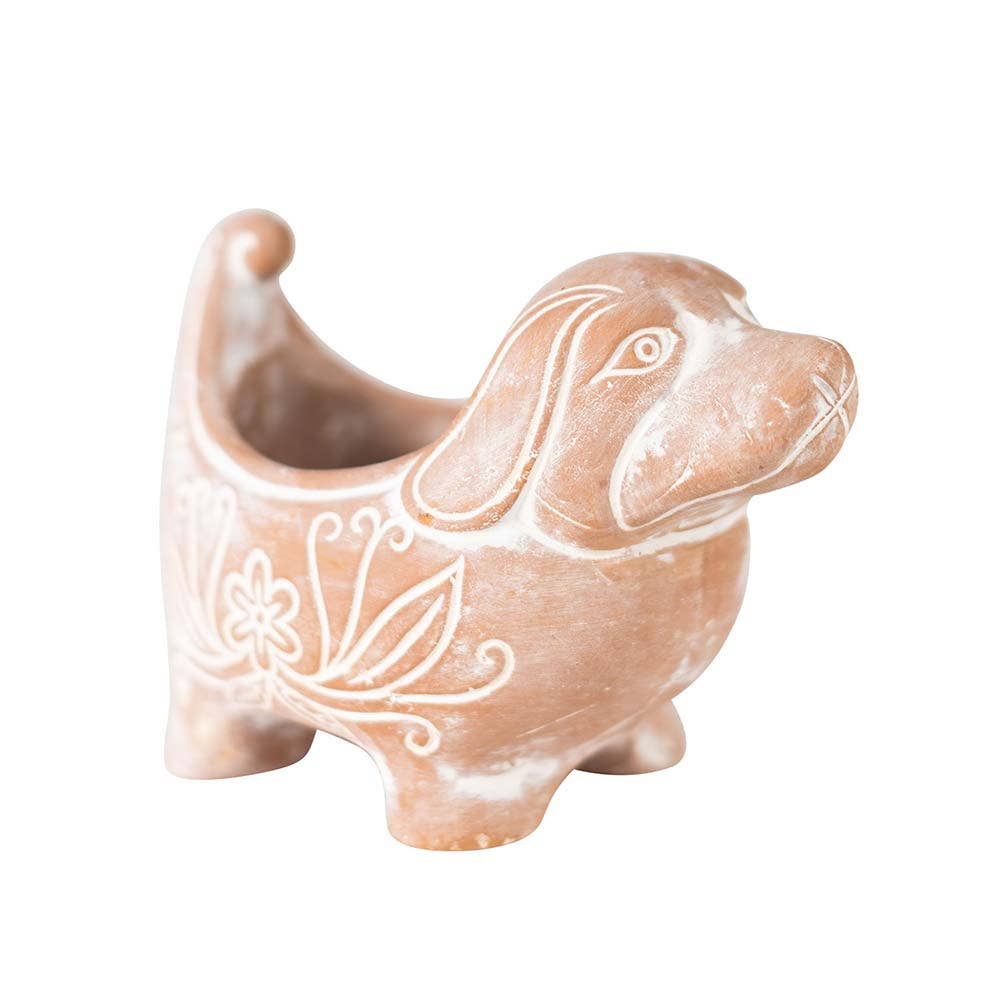 Terracotta Dog Planter – Handcrafted Whitewashed Ceramic Décor