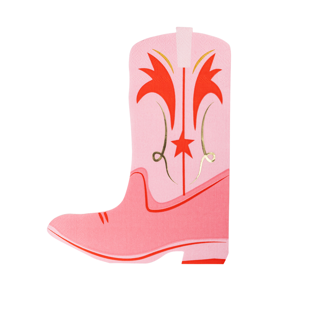 Pink boot-shaped dinner napkins with gold foil accents
