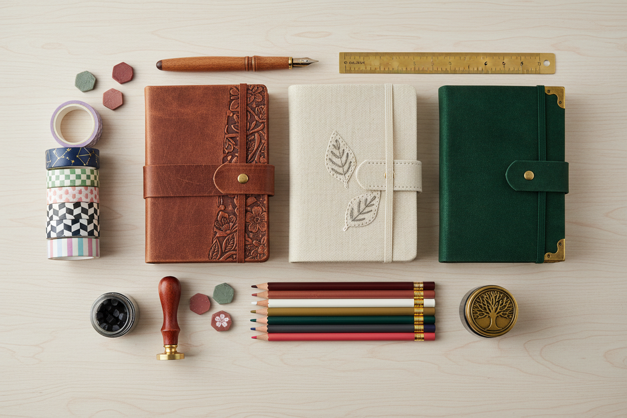 "Artisan's Desk" Flat Lay	A highly organized, aesthetically pleasing flat lay of stationery/paper goods, showcasing the texture of the Journals, Keepsakes & Creative Tools, Washi Tape, and a few small Pretty Little Melts.