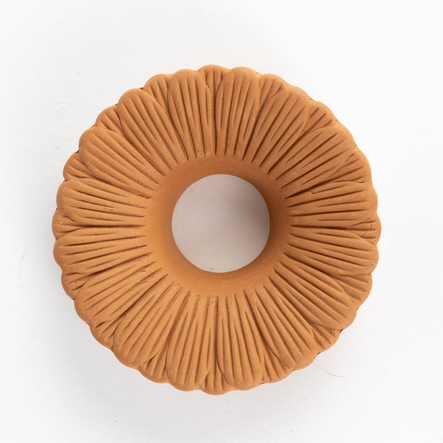 Round, ribbed brown object on a white background