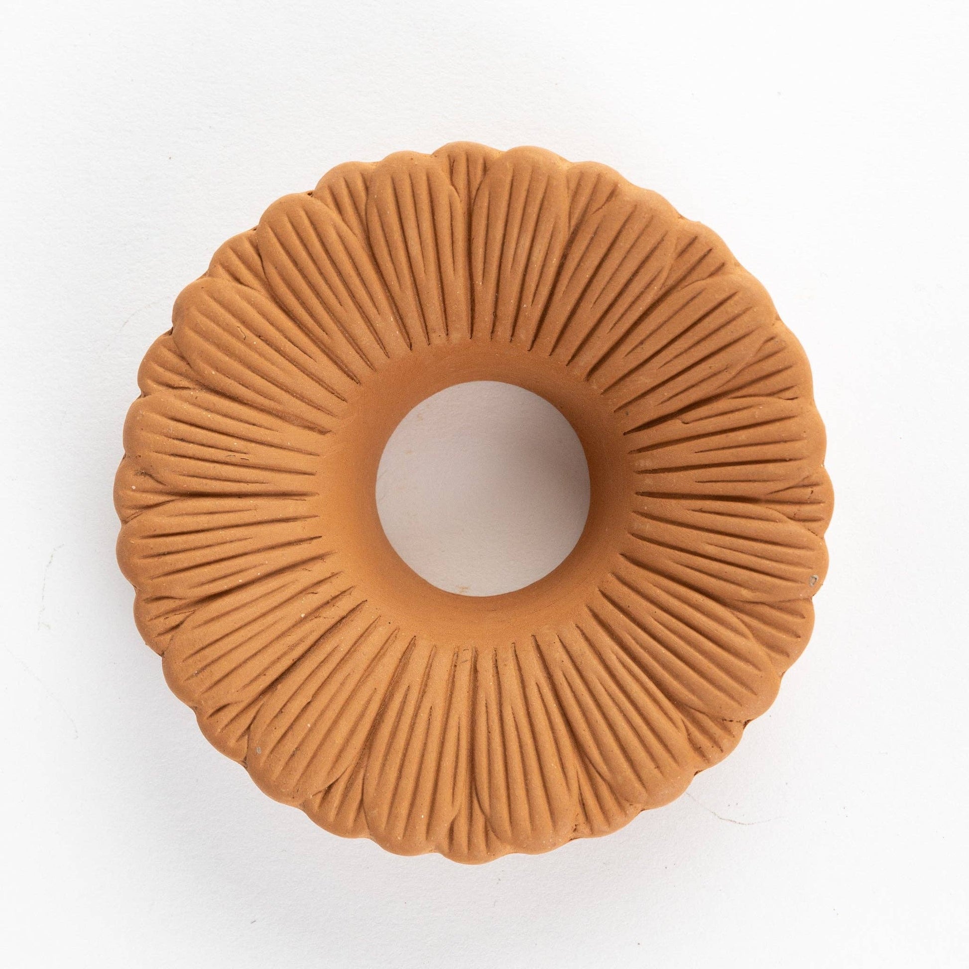 Round, ribbed brown object on a white background