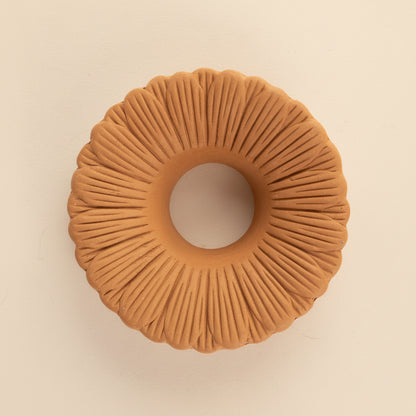 Round, ribbed brown object on a white background