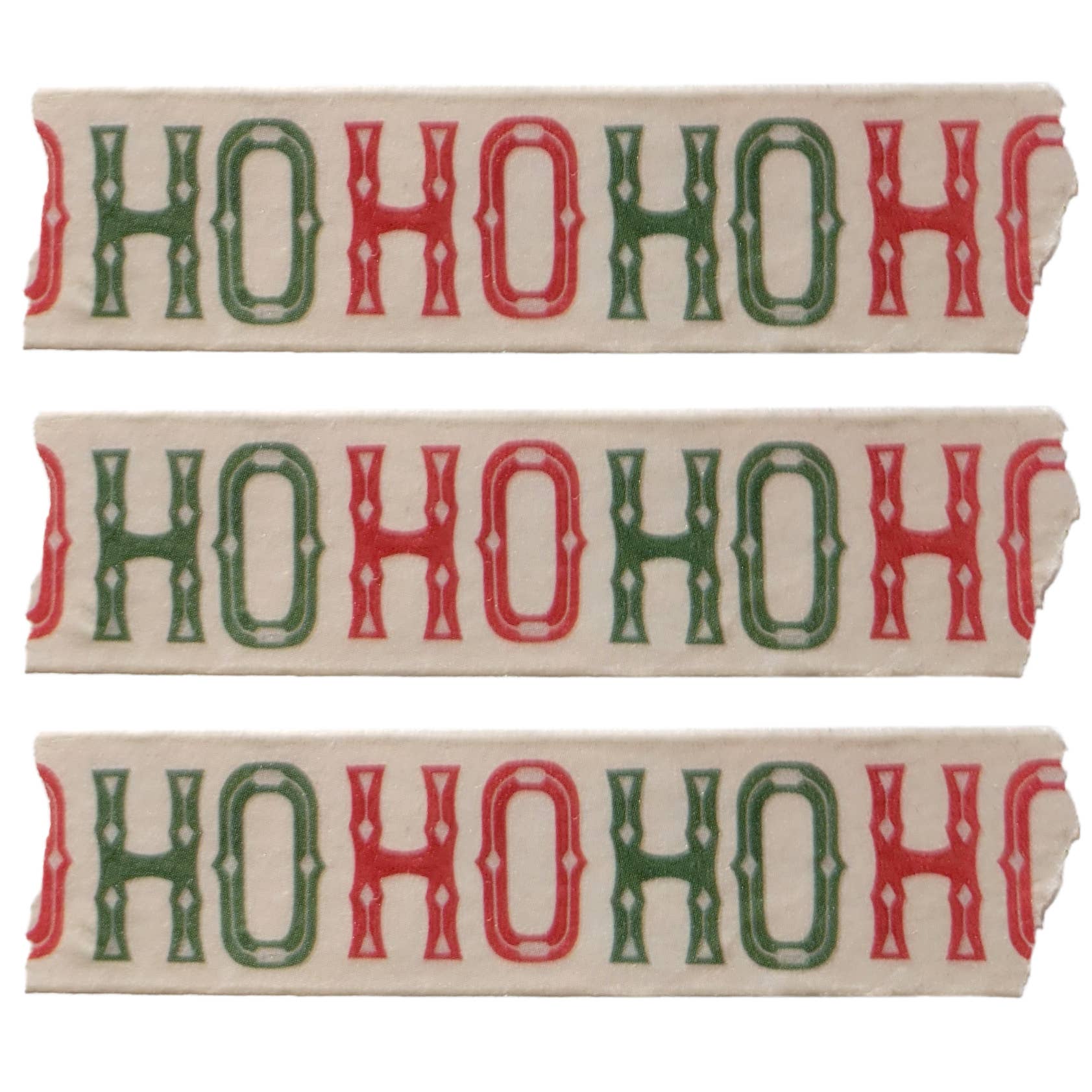 Strips of fabric with 'HO HO HO' text in red and green on a beige background