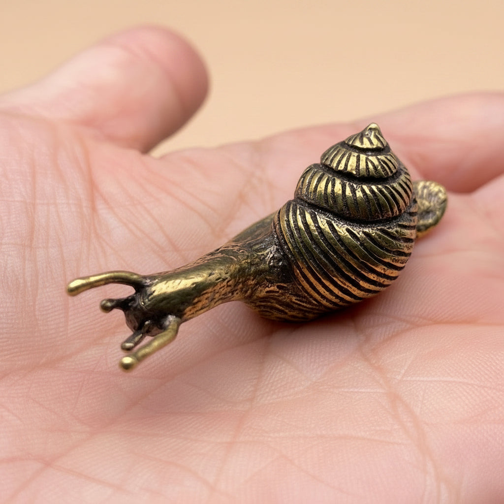 Bronze snail figurine held in a hand against a neutral background