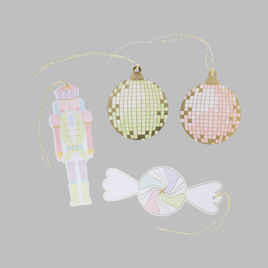 Set of 16 pink-themed Nutcracker gift tags with disco accents and twine