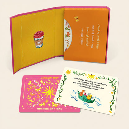 Open book with colorful illustrations and text on a white background