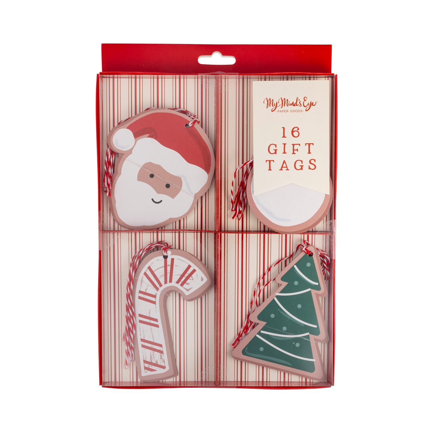 Pack of Christmas-themed gift tags with Santa, candy cane, and tree designs in a clear plastic packaging.