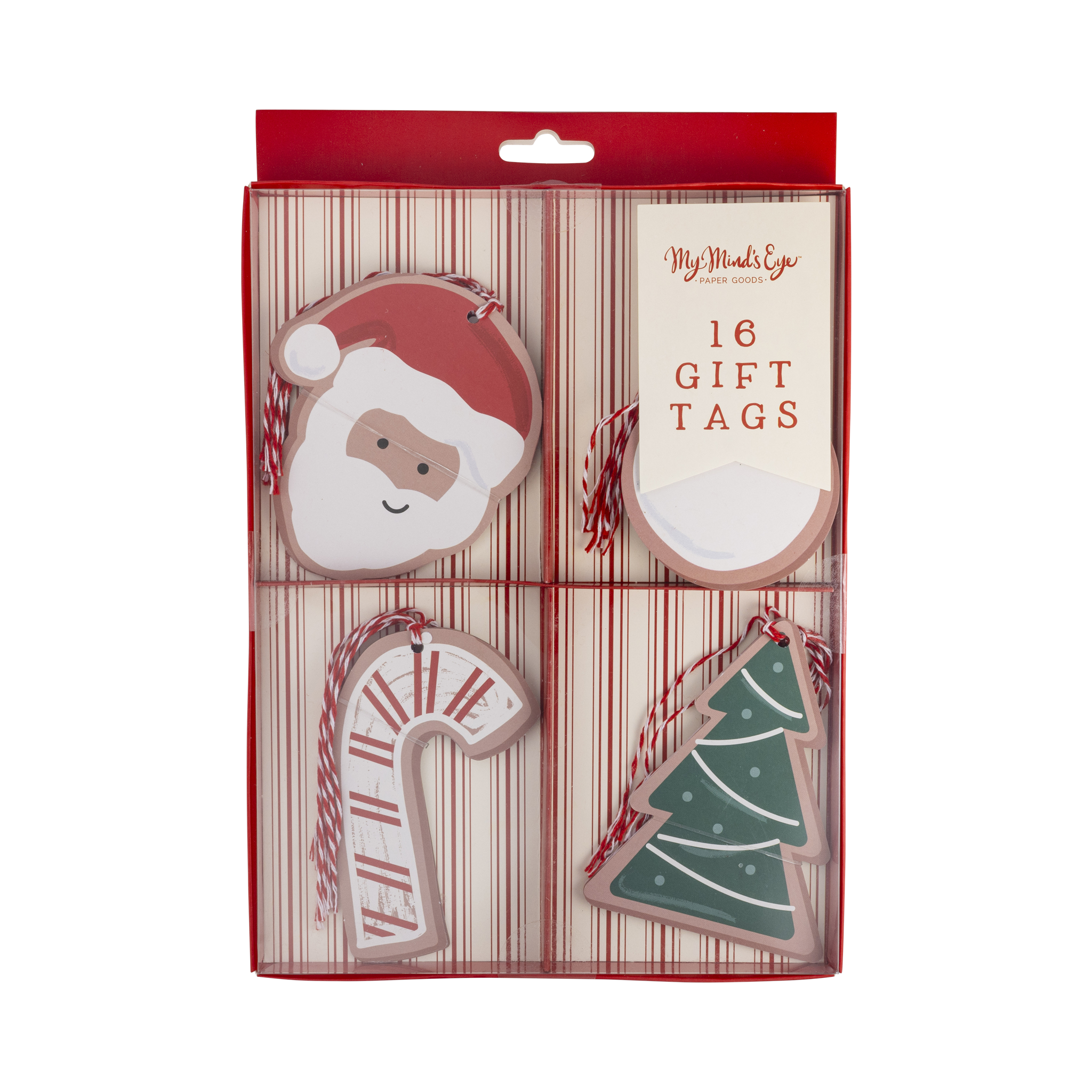 Pack of Christmas-themed gift tags with Santa, candy cane, and tree designs in a clear plastic packaging.
