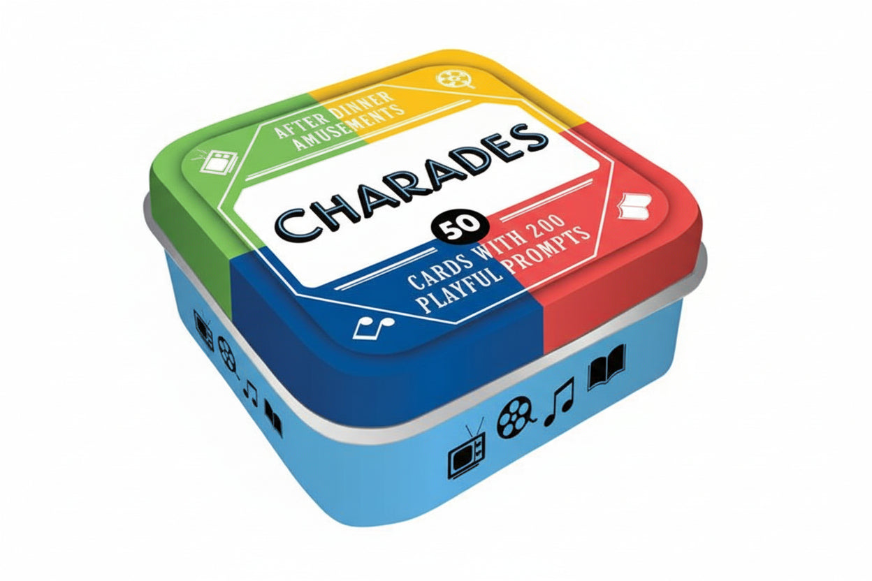 Colorful box of Charades game cards on a white background