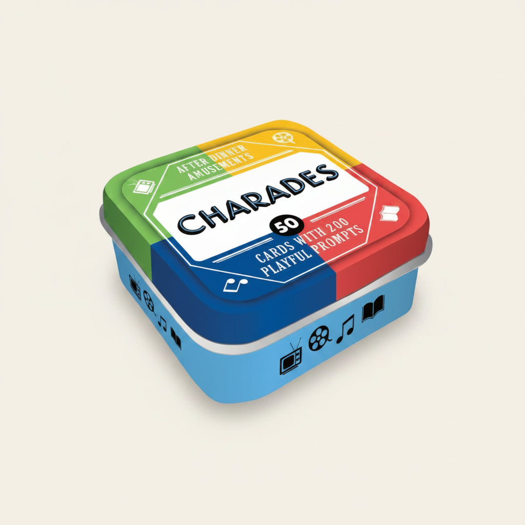 Colorful box of Charades game cards on a white background