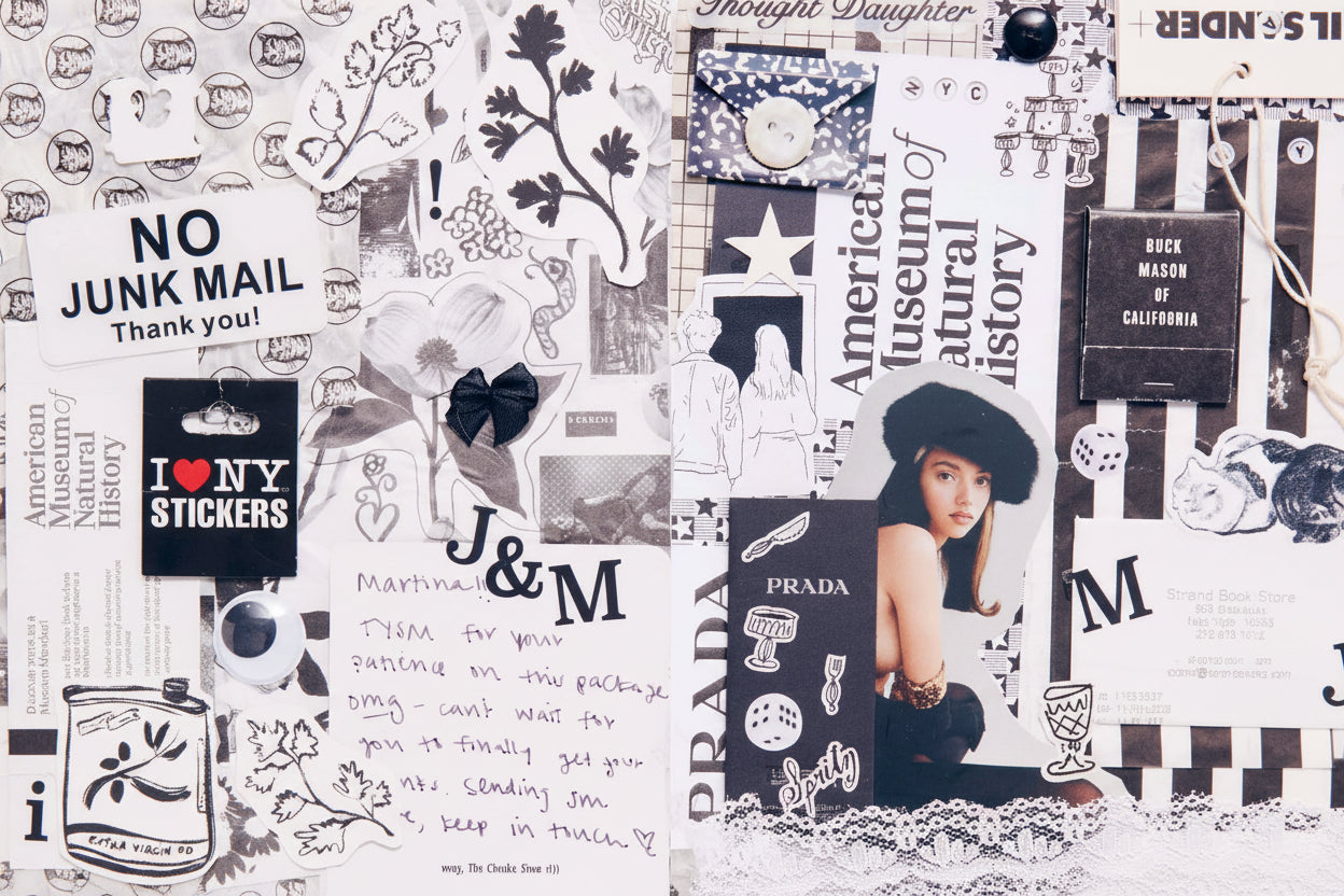 Collage of various stickers with text and images on a textured background