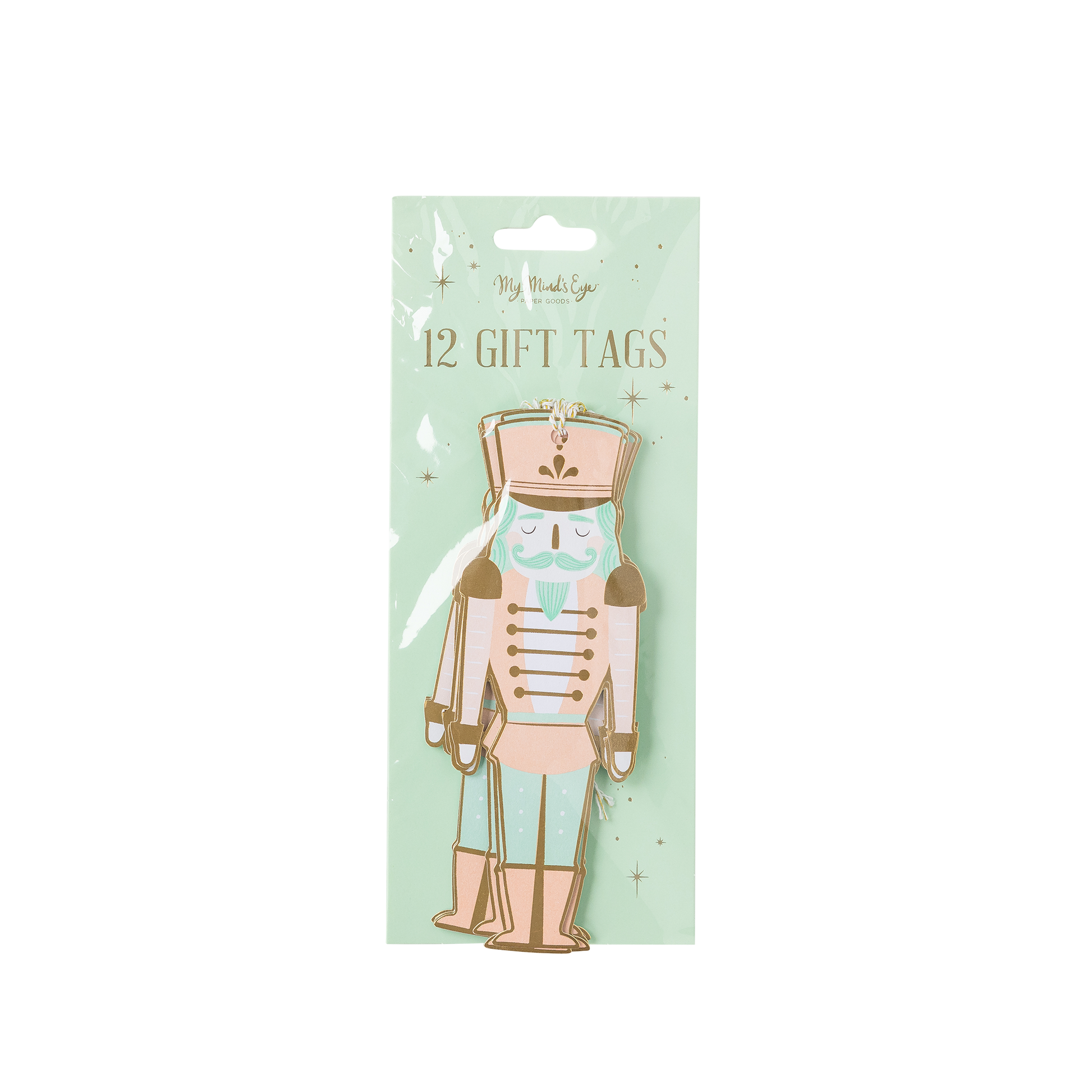 Pack of 12 gift tags with a nutcracker design on a light green card.