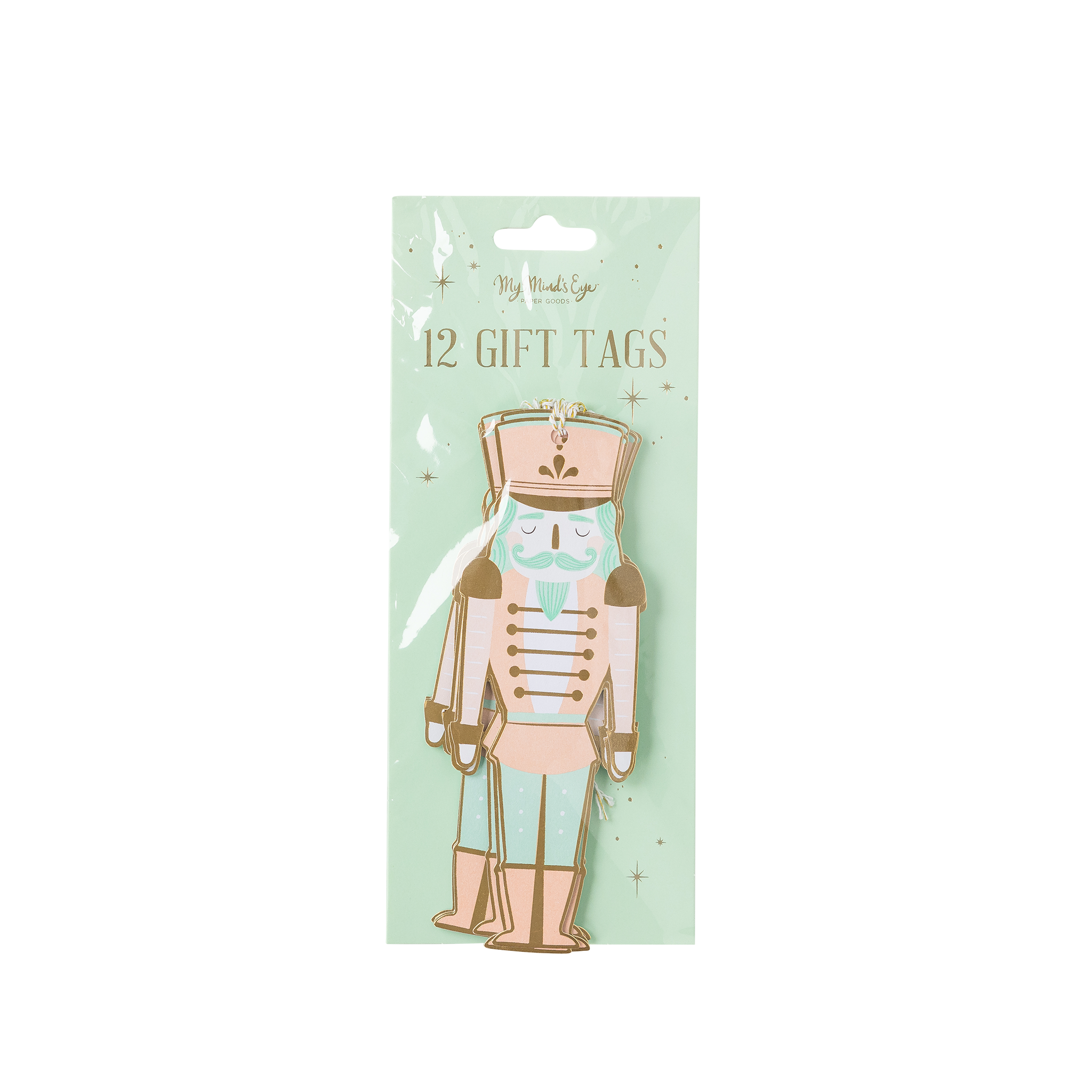 Pack of 12 gift tags with a nutcracker design on a light green card.