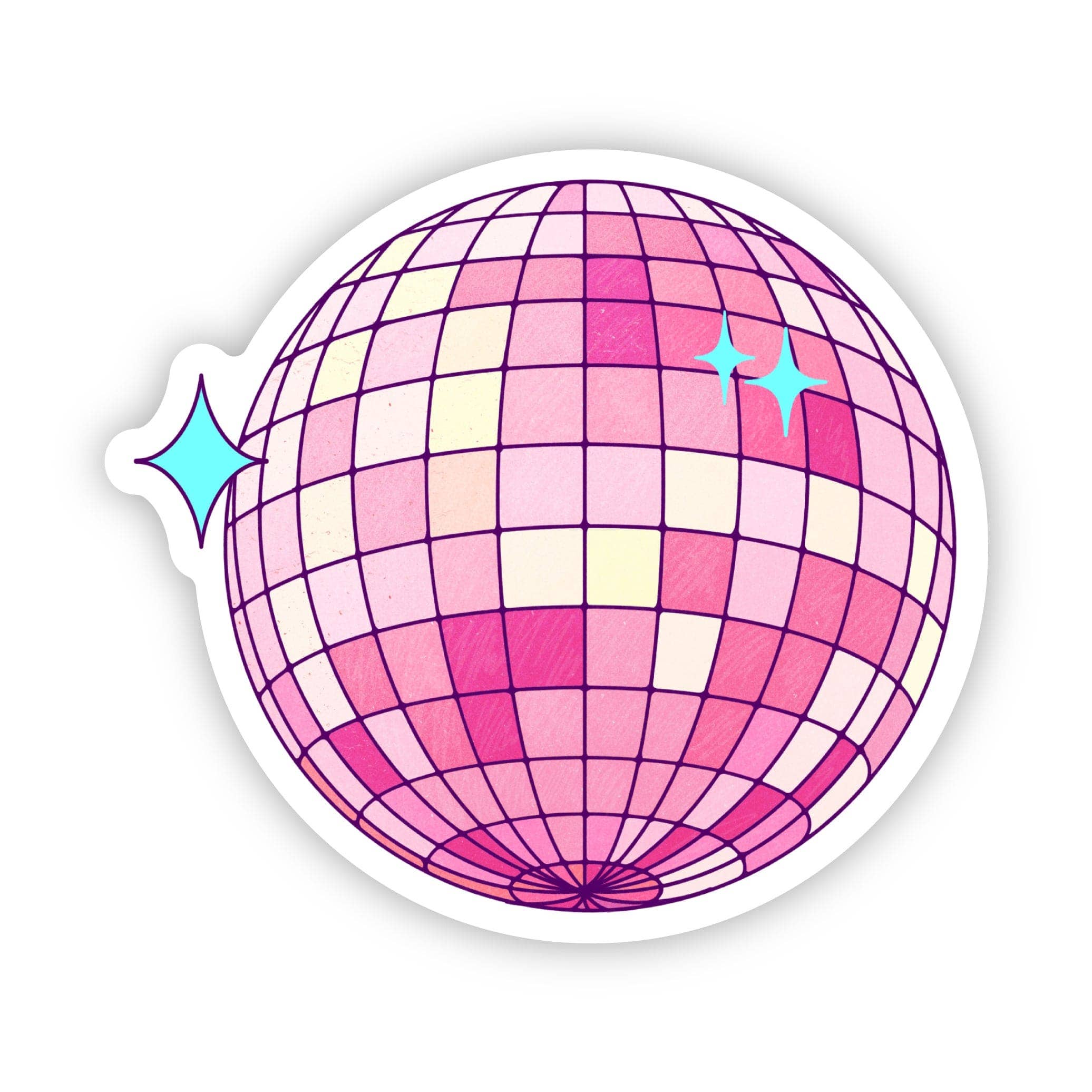A sticker depicting a pink grid-patterned disco ball with a few blue star accents.