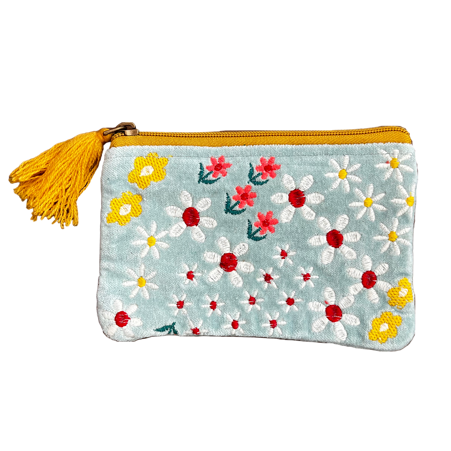 Floral-patterned pouch with a yellow tassel on a white background
