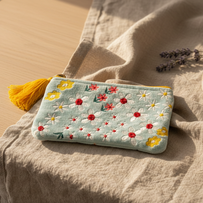 Floral-patterned pouch with a yellow tassel on a textured tablecloth and wooden table with natural elements in the background.