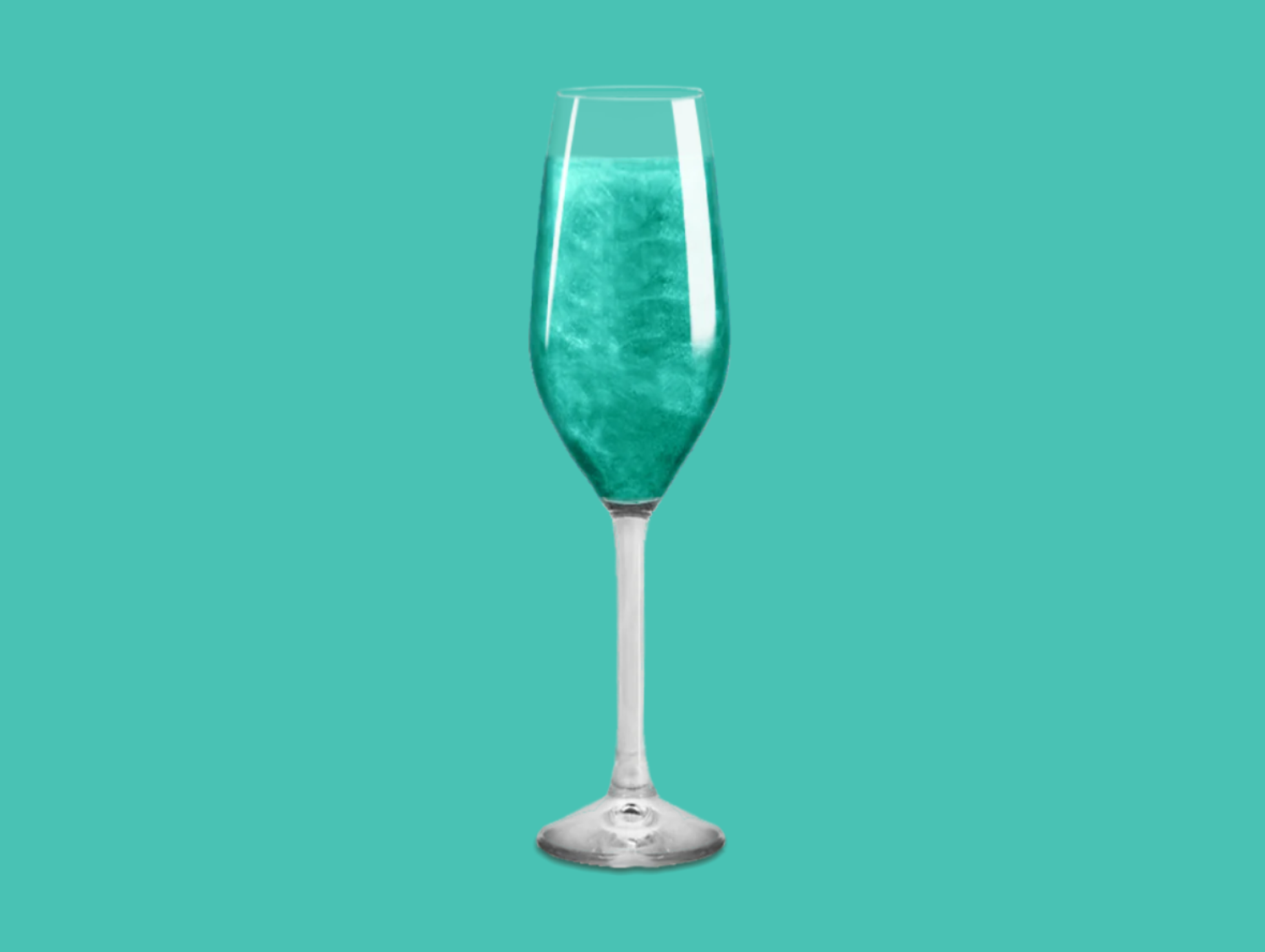 Teal Glitter Bomb in a champagne glass, transforming the drink into a dazzling teal creation.