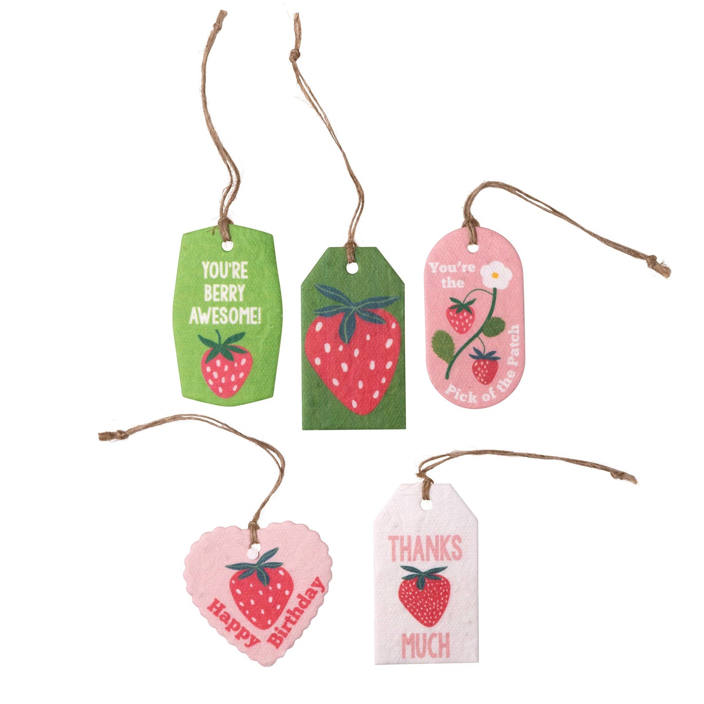 Set of decorative gift tags with strawberry designs and text on a white background