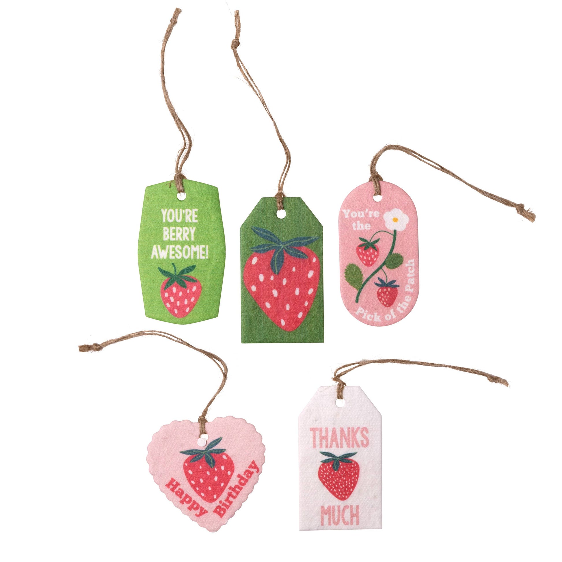 Set of decorative gift tags with strawberry designs and text on a white background