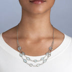 Necklace with light blue gemstones worn by a person against a neutral background