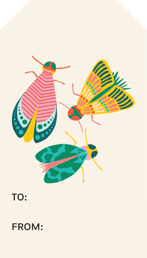 Close up of the front of the Dancing Bug gift tag with "To:" and From:" and vibrant bugs