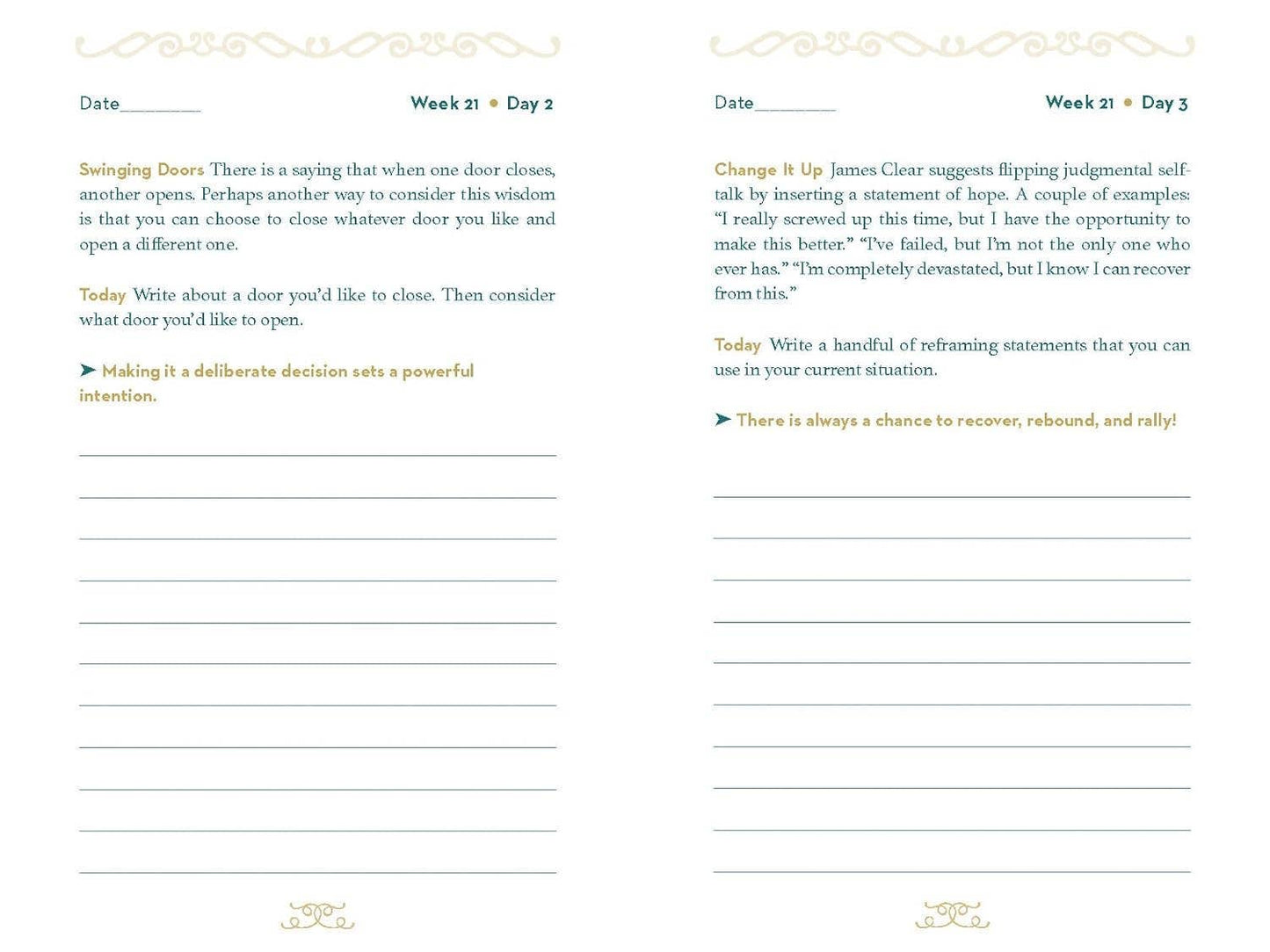 Two pages from a journal or planner with text and lined sections.