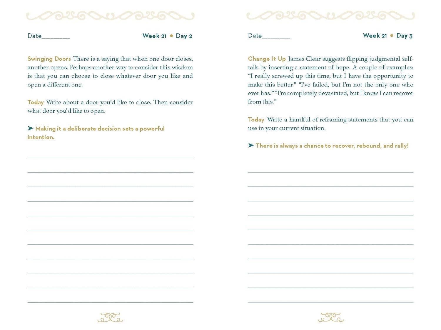 Two pages from a journal or planner with text and lined sections.