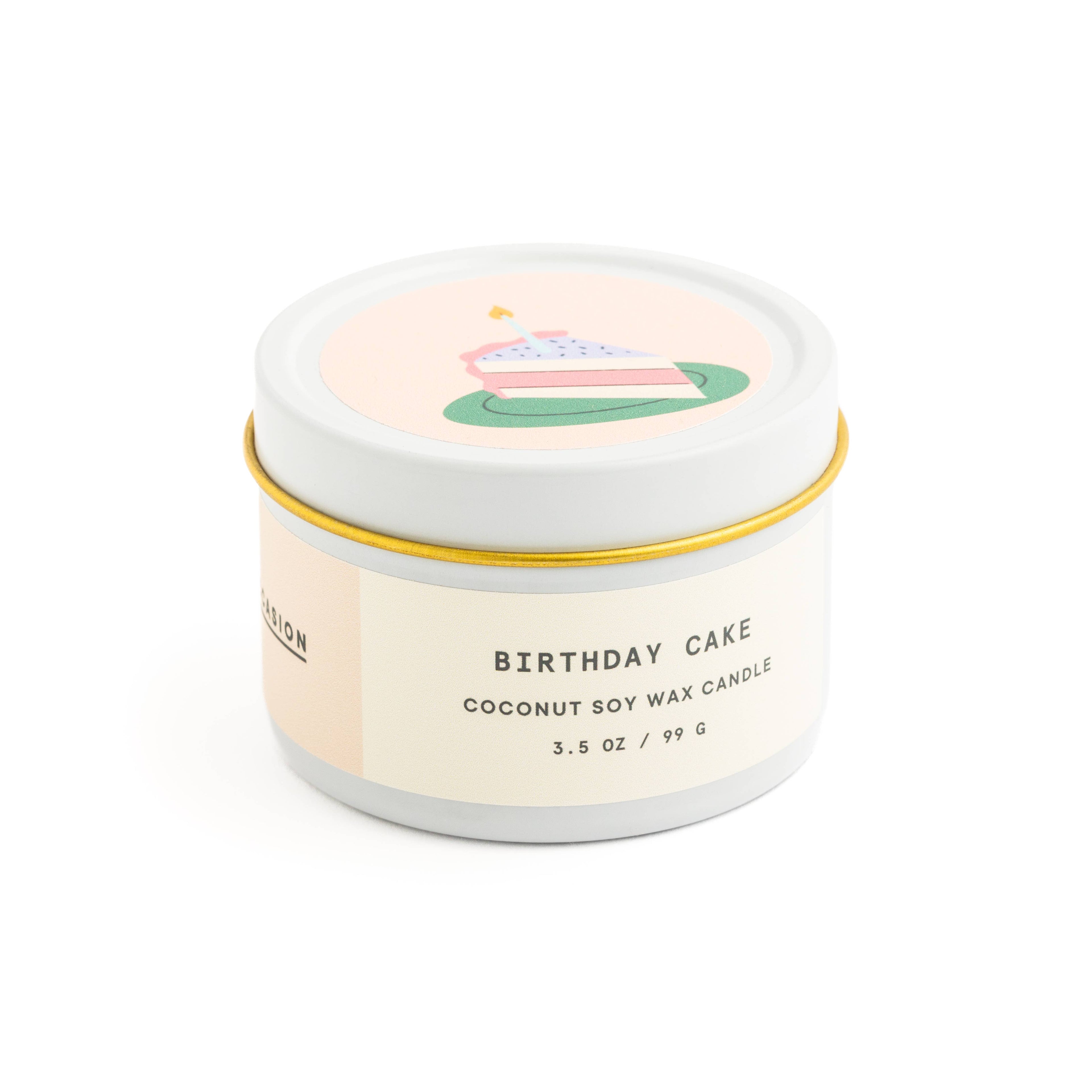 Birthday cake scented candle in white tin with corked vial of colorful matchsticks, packaged in a clear vinyl gift box.