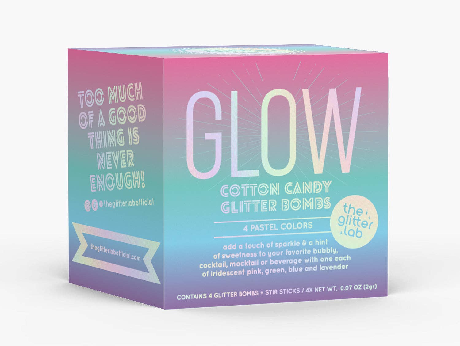 Box of Glow Glitter Bombs with iridescent pastel-colored pouches and stir sticks, ready to add sparkle to your celebration.