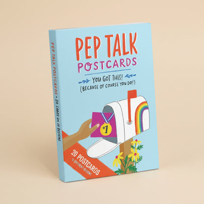 Pep Talk Postcards book with mailbox and rainbow design on a light blue background