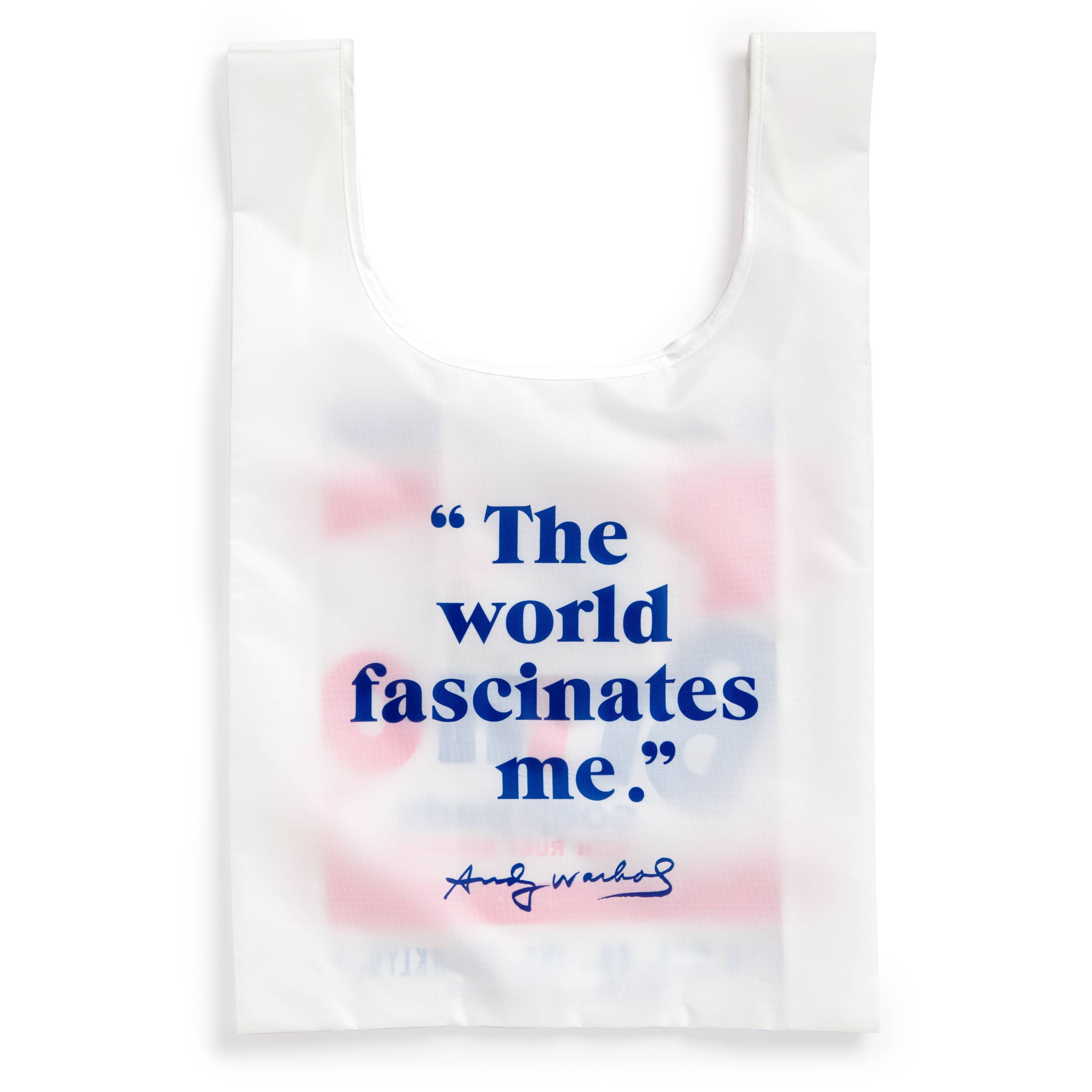 Close up view of Andy Warhol Art Sack bag unfolded showing the backside of the bag that says, 'The world fascinates me.' - signed Andy Warhol