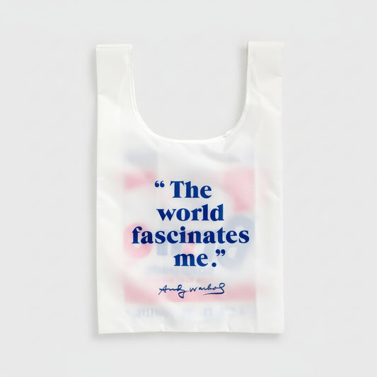 Close up view of Andy Warhol Art Sack bag unfolded showing the backside of the bag that says, 'The world fascinates me.' - signed Andy Warhol
