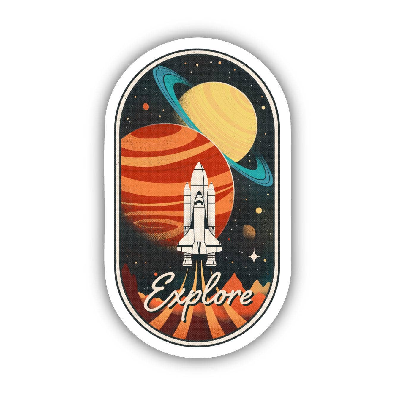 A vinyl sticker with a space theme, featuring an illustration of a rocket, planets, and the word 'Explore'.