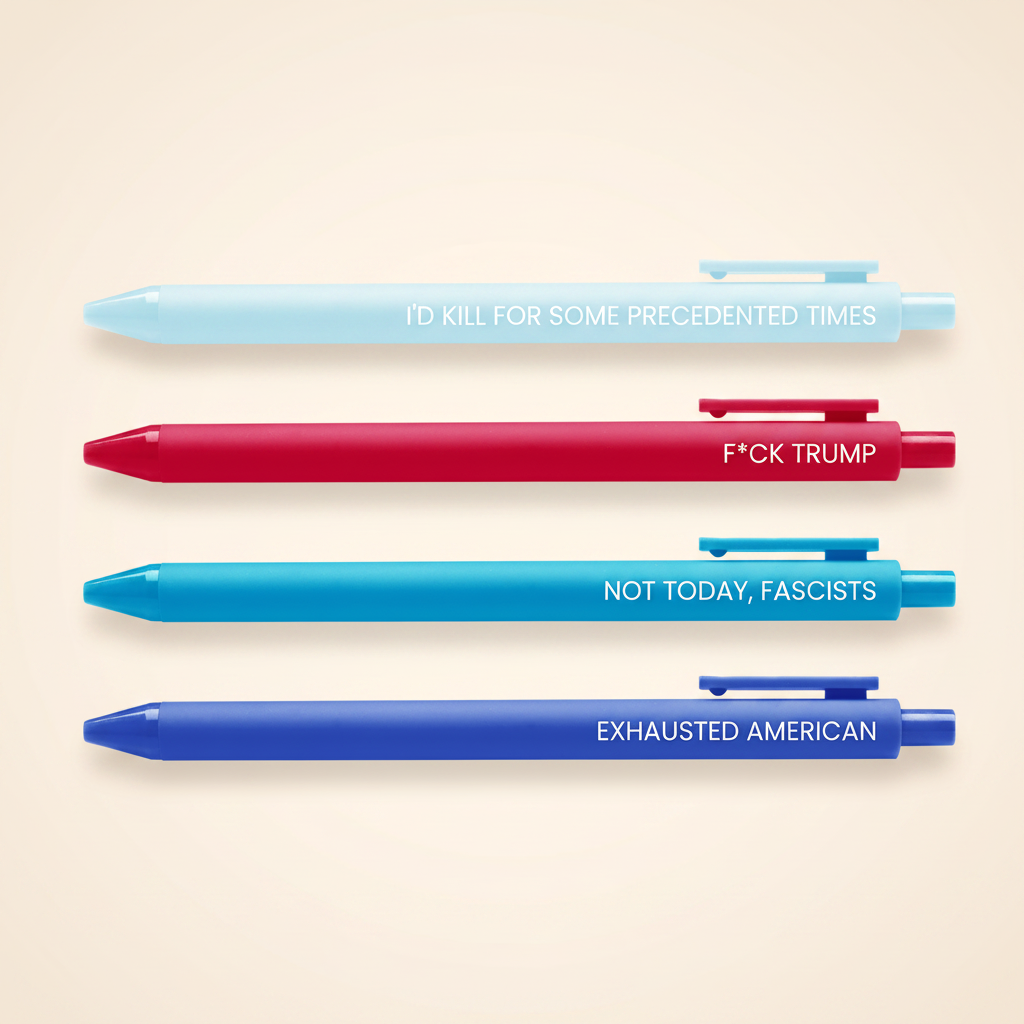 Four pens with different text on a white background