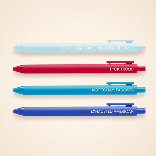 Four pens with different text on a white background