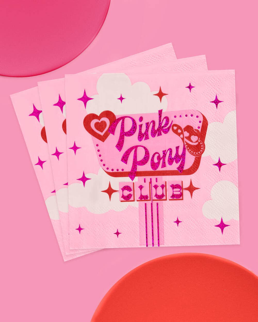 Pink Pony Club napkins for birthday parties, featuring pink & white design with pink iridescent foil | 25 3-ply cocktail napkins